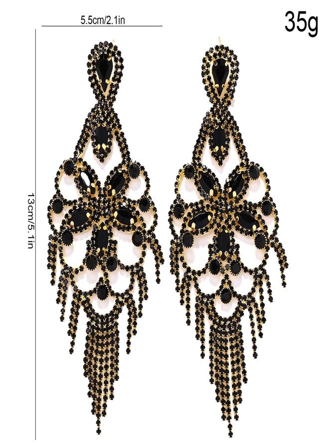 XSBODY Rhinestone Black Earrings For Women Tassel Crystal Statement Dangle Earrings For Women Prom Jewelry Accessories - Image 2